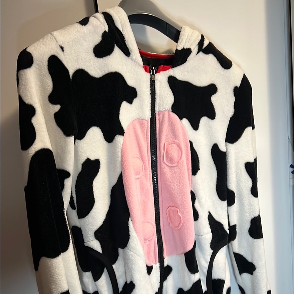 Cow Print Hooded Onesie with Pink Accents